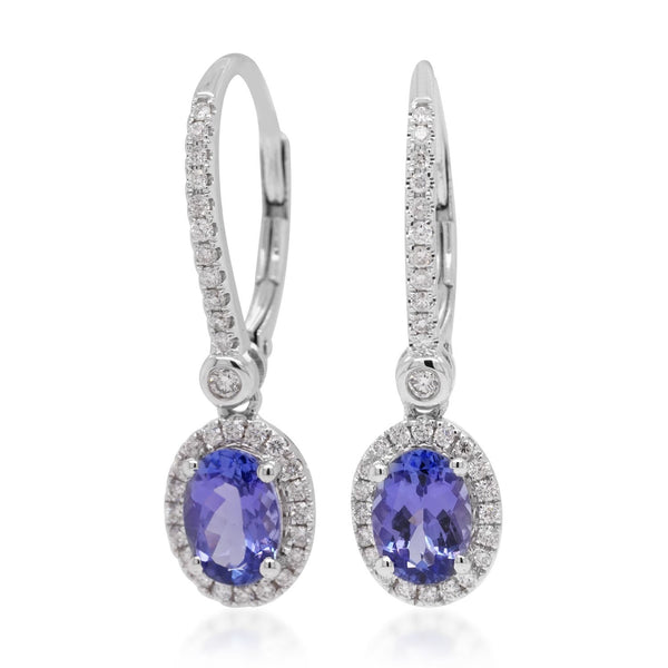 1.81ct AAAA Oval Tanzanite Earring with 0.32 cttw Diamond in 14K White Gold