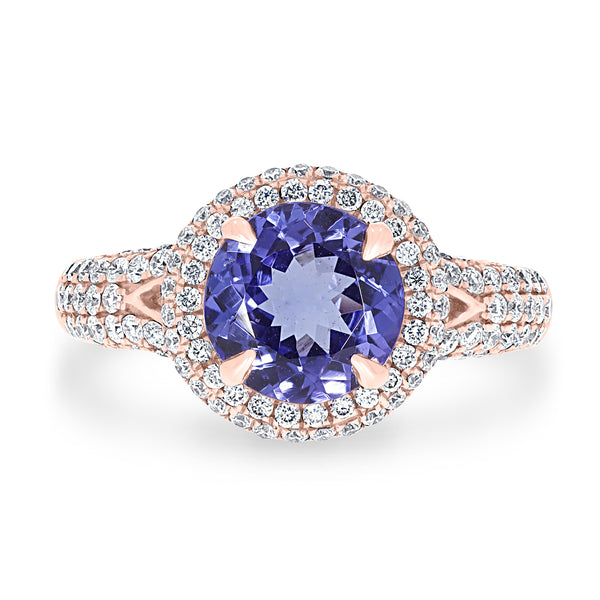 2ct AAAA Round Tanzanite Ring with 0.65 cttw Diamond in 14K Rose Gold