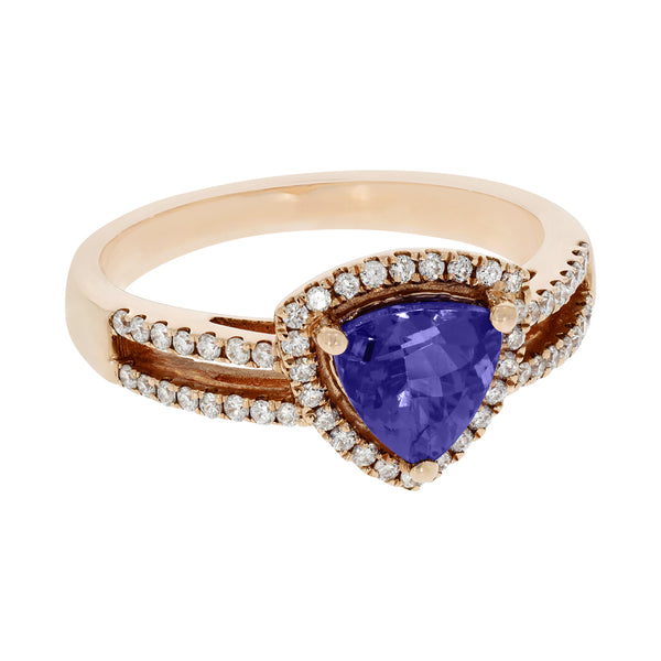 1.07 ct AAAA Trillion Tanzanite Ring with 0.28 cttw Diamond in 14K Rose Gold