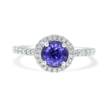 0.85 ct AAAA Round Tanzanite Ring with 0.47 cttw Diamond in 14K White Gold