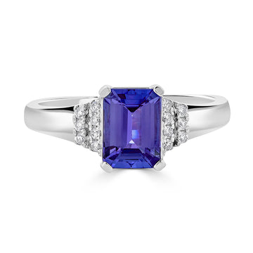 1.52 ct AAAA Emerald Cut Tanzanite Ring with 0.08 cttw Diamond in 14K White Gold
