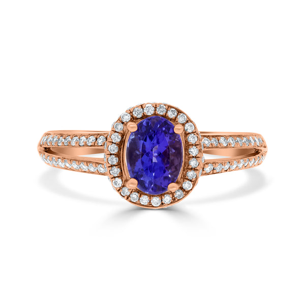 0.98 ct AAAA Oval Tanzanite Ring with 0.35 cttw Diamond in 14K Rose Gold