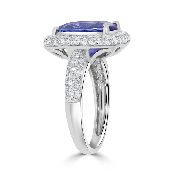 5.28ct AAAA Cushion Tanzanite Ring with 0.89 cttw Diamond in 18K White Gold