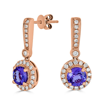 1.53 ct AAAA Round Tanzanite Earring with 0.44 cttw Diamond in 14K RG