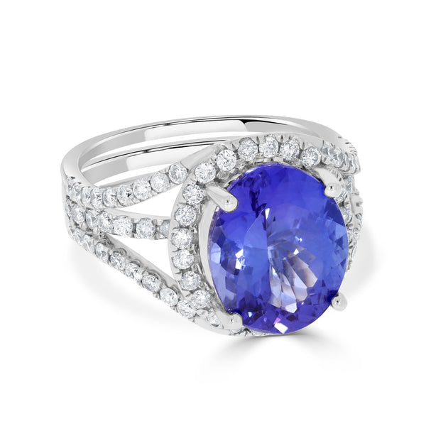 5.65ct AAAA Oval Tanzanite Ring with 0.96 cttw Diamond in 14K White Gold
