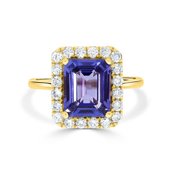 2.89ct AAAA Emerald Cut Tanzanite Ring with 0.59 cttw Diamond in 14K Yellow Gold