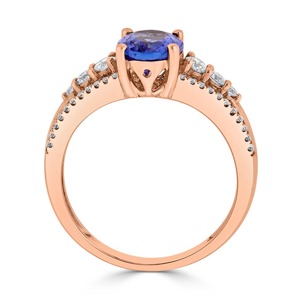 1.75 ct AAAA Oval Tanzanite Ring with 0.37 cttw Diamond in 14K Rose Gold