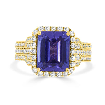 4.18ct AAAA Emerald Cut Tanzanite Ring with 1.12 cttw Diamond in 14K Yellow Gold