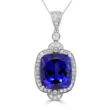 22.16ct AAAA Cushion Tanzanite Pendant with 0.63 cttw Diamond in 14K White Gold