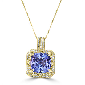12.61ct AAAA Cushion Tanzanite Pendants with 0.62 cttw Diamond in 18K Yellow Gold