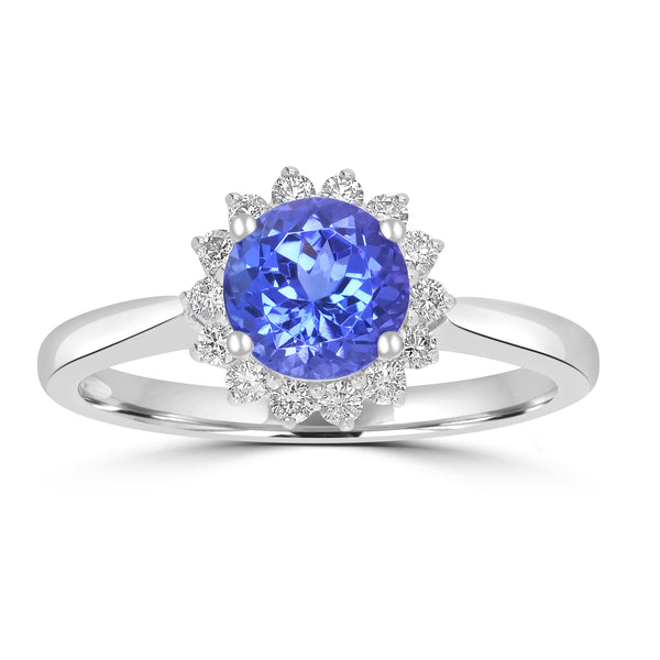1.25ct AAAA Round Tanzanite Ring With 0.21 cttw Diamond in 18K White Gold