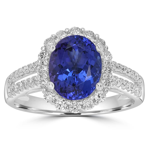 2.44ct AAAA Oval Tanzanite Ring With 0.53 cttw Diamond in 14K White Gold