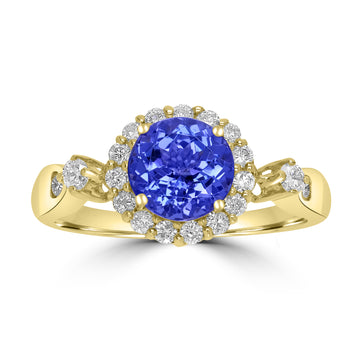 2ct AAAA Round Tanzanite Ring With 0.47 cttw Diamond in 14K Yellow Gold