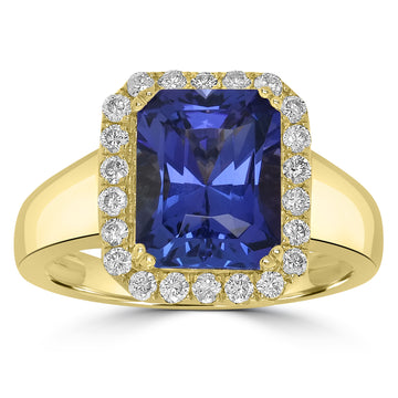 3.5ct AAAA Emerald Cut Tanzanite Ring With 0.4 cttw Diamond in 14K Yellow Gold