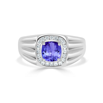 1.15 ct Cushion Tanzanite Men's Ring with 0.21 cttw Diamond