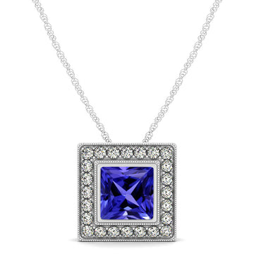 0.80ct Princess Cut Tanzanite Pendant With 0.24ctw Diamonds in 14k White Gold