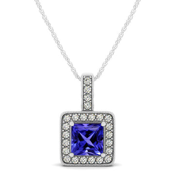 0.80ct Princess Cut Tanzanite Pendant With 0.24ctw Diamonds in 14k White Gold