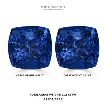 9.21cttw AAAA Matched Pair Cushion Certified Tanzanite Gemstone 9.50x9.50mm