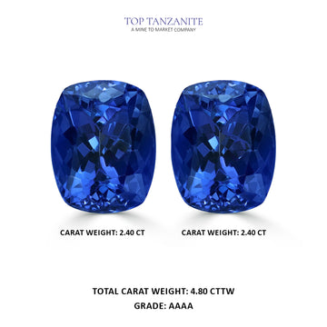 4.80cttw AAAA Matched Pair Cushion Certified Tanzanite Gemstone 8.50x7.00mm