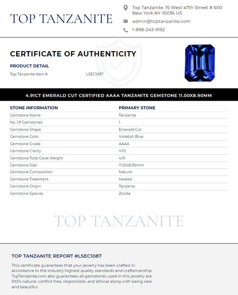4.91ct Emerald Cut Certified AAAA Tanzanite Gemstone 11.00x8.90mm