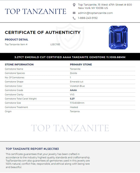 5.27ct Emerald cut Certified AAAA Tanzanite Gemstone 11.10x8.68mm