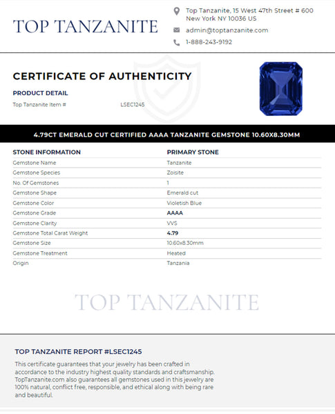 4.79ct Emerald cut Certified AAAA Tanzanite Gemstone 10.60x8.30mm