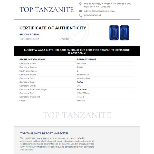 14.18cttw AAAA Matched Pair Emerald Cut Certified Tanzanite Gemstone 12.00x7.50mm