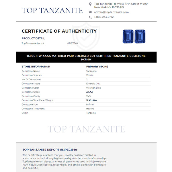 11.98cttw AAAA Matched Pair Emerald Cut Certified Tanzanite Gemstone 9x7mm