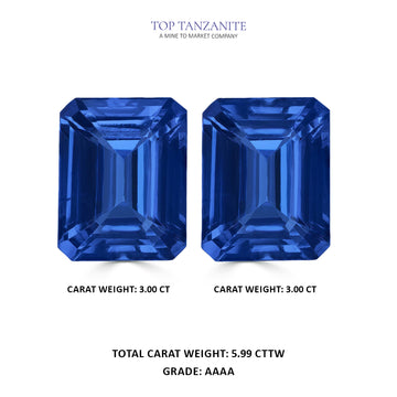 5.99cttw AAAA Matched Pair Emerald Cut Certified Tanzanite Gemstone 9x7mm
