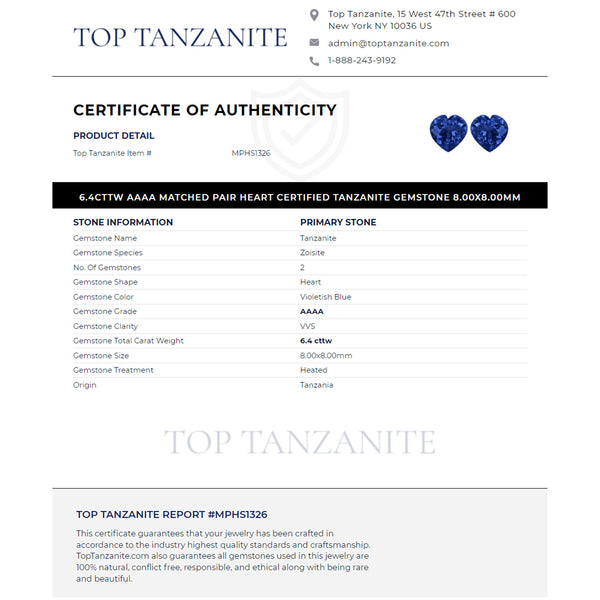 6.4cttw AAAA Matched Pair Heart Certified Tanzanite Gemstone 8.00x8.00mm