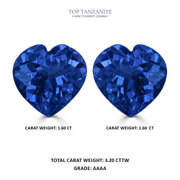 3.20cttw AAAA Matched Pair Heart Certified Tanzanite Gemstone 8.00x8.00mm