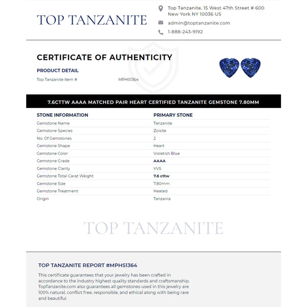 7.6cttw AAAA Matched Pair Heart Certified Tanzanite Gemstone 7.80mm