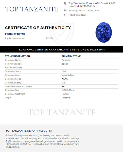 5.01ct Oval Certified AAAA Tanzanite Gemstone 10.89x8.89mm