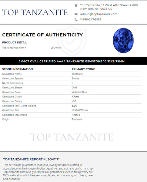 5.04ct Oval Certified AAAA Tanzanite Gemstone 10.52x8.79mm
