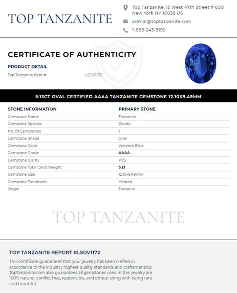 5.13ct Oval Certified AAAA Tanzanite Gemstone 12.10x9.49mm