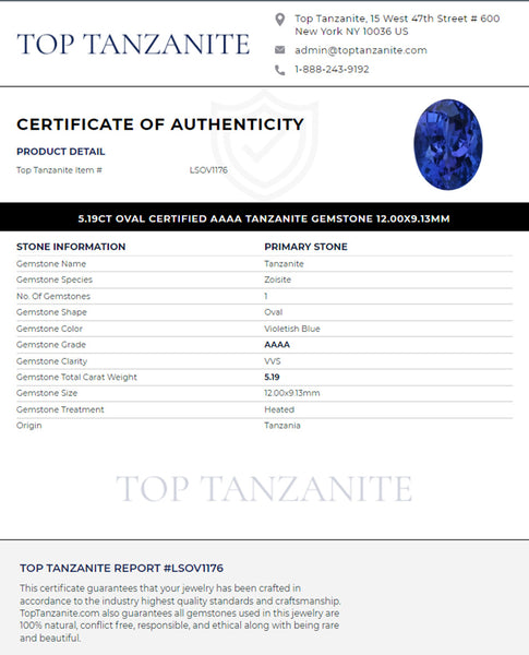 5.19ct Oval Certified AAAA Tanzanite Gemstone 12.00x9.13mm