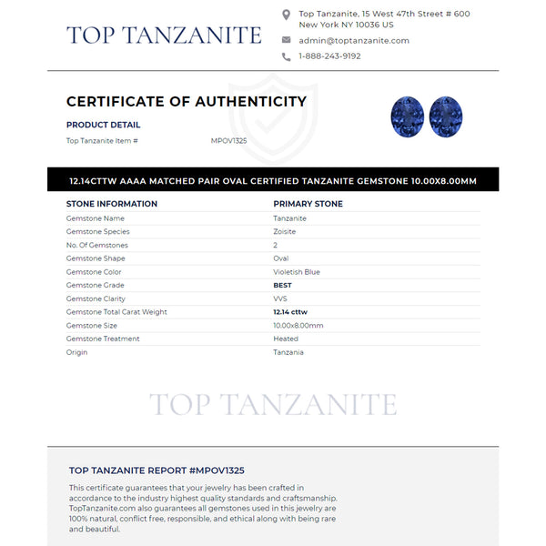 12.14cttw AAAA Matched Pair Oval Certified Tanzanite Gemstone 10.00x8.00mm