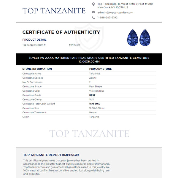 11.76cttw AAAA Matched Pair Pear Shape Certified Tanzanite Gemstone 12.00x8.00mm