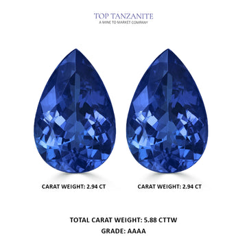 5.88cttw AAAA Matched Pair Pear Shape Certified Tanzanite Gemstone 12.00x8.00mm