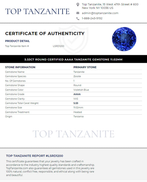 5.53ct Round Certified AAAA Tanzanite Gemstone 11.02mm