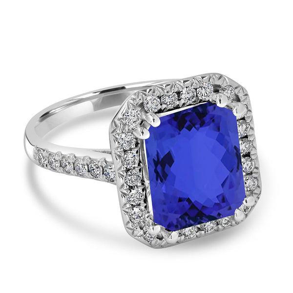 4.5ct Emerald Cut Tanzanite Ring with 0.48 cttw Diamond