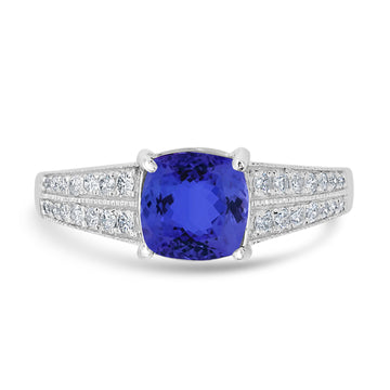 1.65ct Cushion Tanzanite Ring with 0.25 cttw Diamond