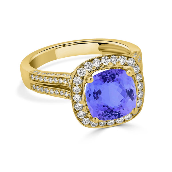 3.4ct SQ. Cushion Tanzanite Ring with 1.03 cttw Diamond