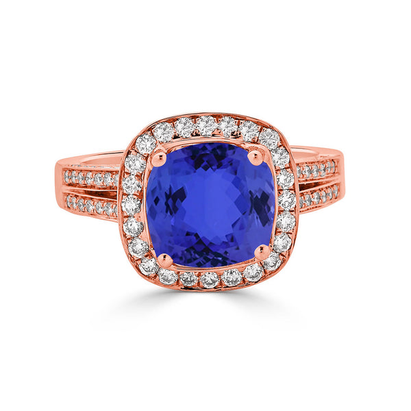 3.4ct SQ. Cushion Tanzanite Ring with 1.03 cttw Diamond