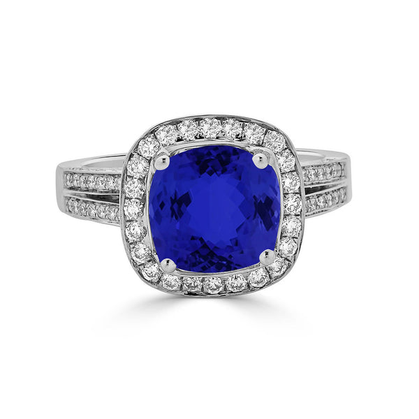 3.4ct SQ. Cushion Tanzanite Ring with 1.03 cttw Diamond