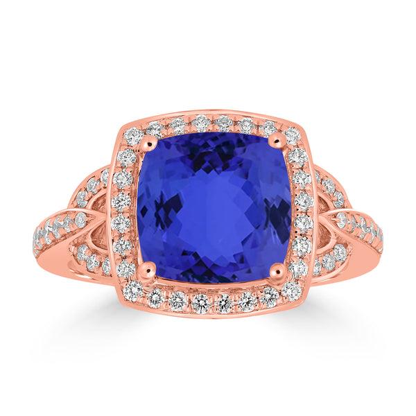 3.4ct Cushion Tanzanite Ring with 0.44 cttw Diamond