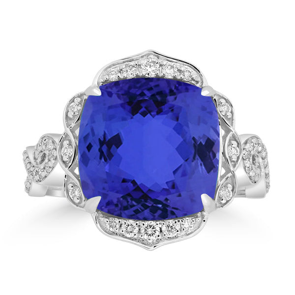 8.5ct SQ. Cushion Tanzanite Ring with 0.29 cttw Diamond