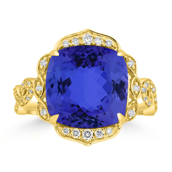 8.5ct SQ. Cushion Tanzanite Ring with 0.29 cttw Diamond