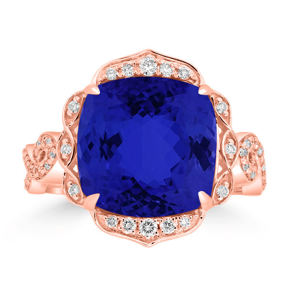 8.5ct SQ. Cushion Tanzanite Ring with 0.29 cttw Diamond