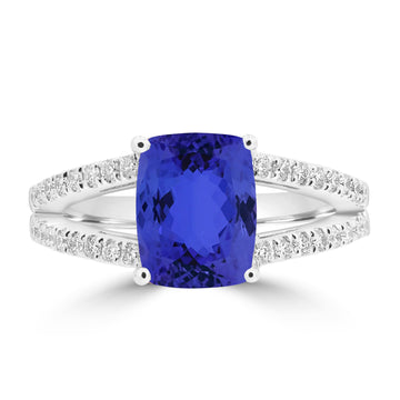 2.1ct Cushion Tanzanite Ring with 0.27 cttw Diamond